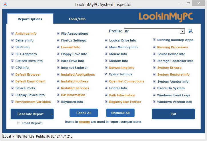 System vendor. System information Tools. Client info Storage. Report item. Information restoring.