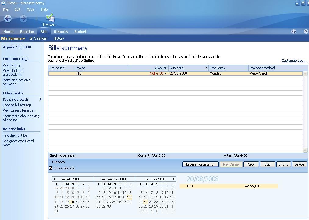 ms moneymoney software with calendar running totals