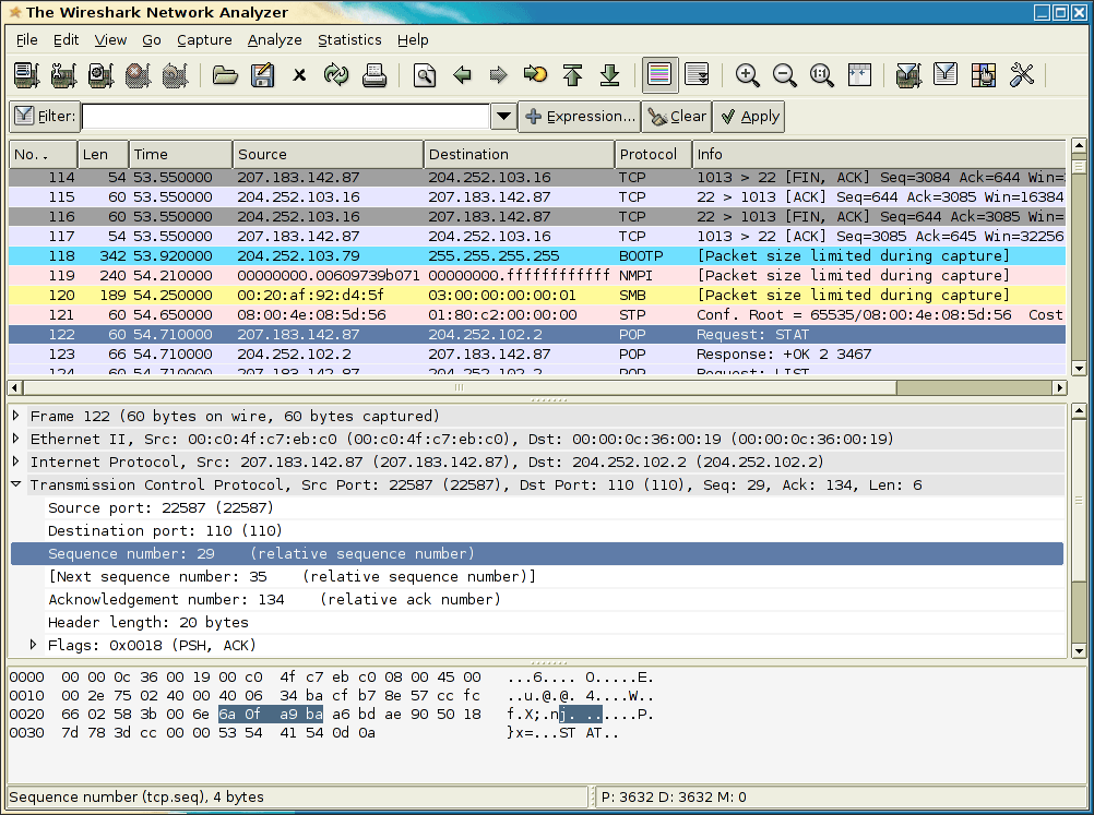 the three wireshark windows for analyzing packets are