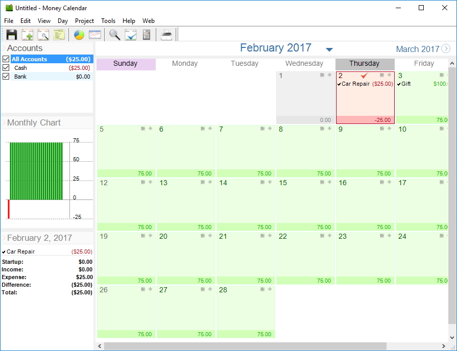 ms moneymoney software with calendar running totals